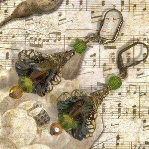 Olive Green Browns Bronze Hand Painted Lucite Flower Earrings, Crystal, Filigree
